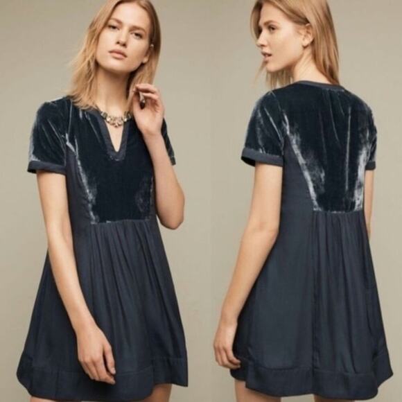 Anthropologie Maeve Blue Velvet Ingrid Mini Tunic Dress Size: SP - Picture 1 of 6